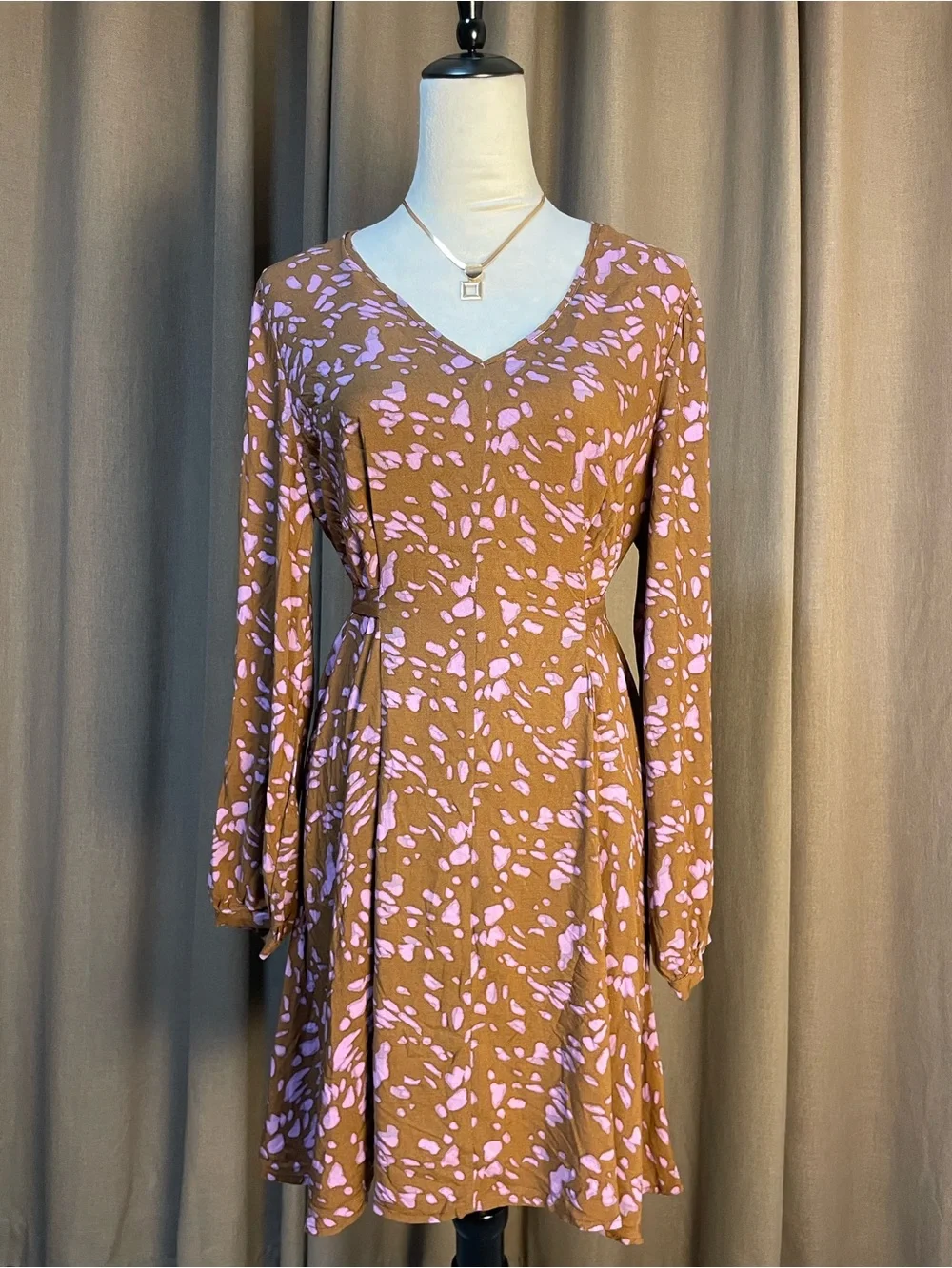 Nine West Brown Floral V-Neck Long-Sleeve Dress with Pink Print